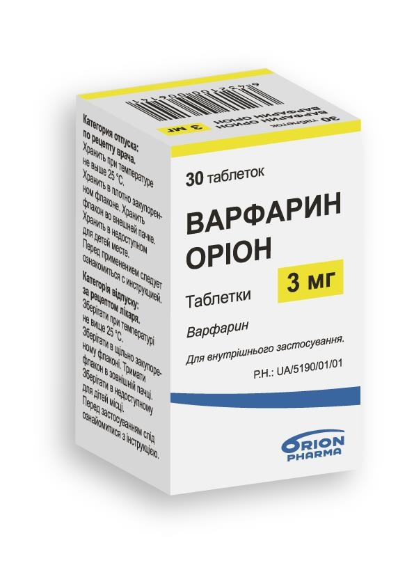 ВАРФАРИН ОРІОН таблетки по 3 мг, по 30 таблеток у флаконі з водопоглинаючою капсулою, по 1 флакону в картонній коробці